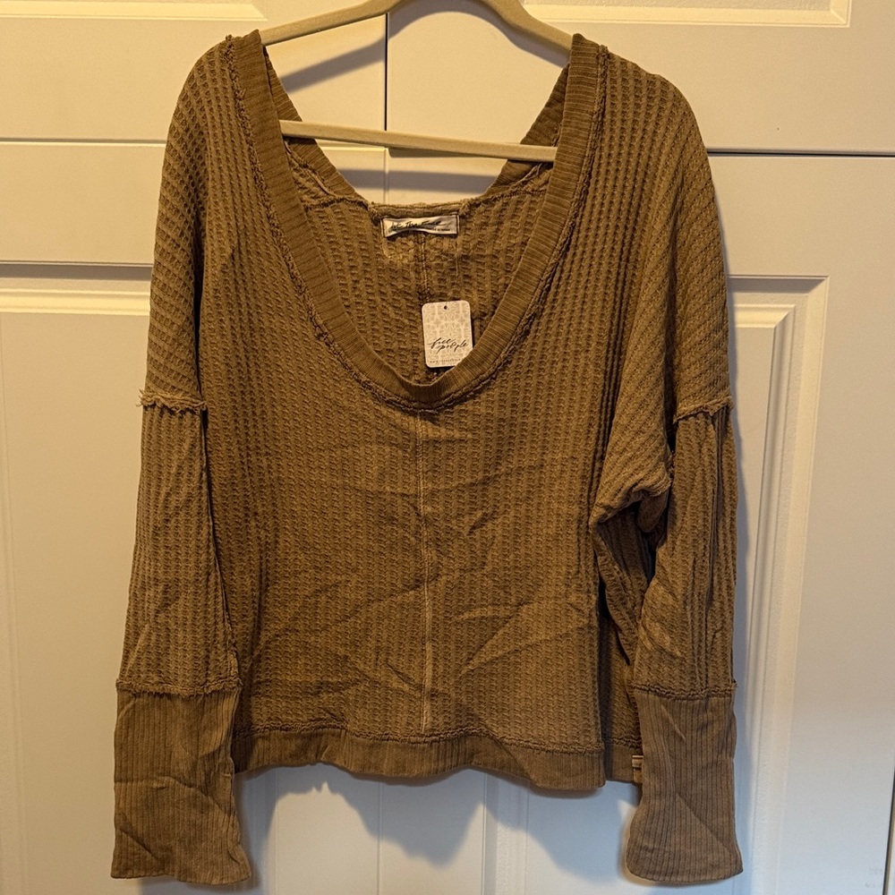 Free People Olive Waffle Knit Sweatshirt